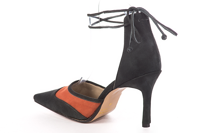 Dark grey and terracotta orange women's open side shoes, with lace straps. Pointed toe. Very high slim heel. Rear view - Florence KOOIJMAN